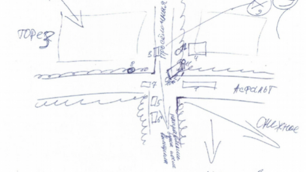 План району, звідки, ймовірно, був здійснений запуск ракети, намальований одним зі свідків у справі MH17