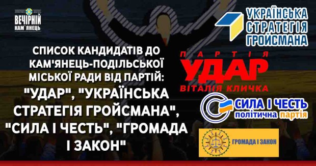 Список кандидатів до Кам'янець-Подільської міської ради від партій "Удар", "Українська стратегія Гройсмана", "Сила і честь" та "Громада і закон" 