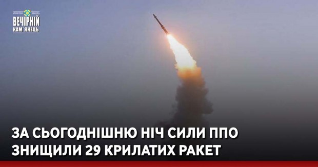 За сьогоднішню ніч Сили ППО знищили 29 крилатих ракет