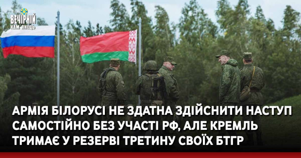 Армія білорусі не здатна здійснити наступ самостійно без участі рф, але кремль тримає у резерві третину своїх БТГр