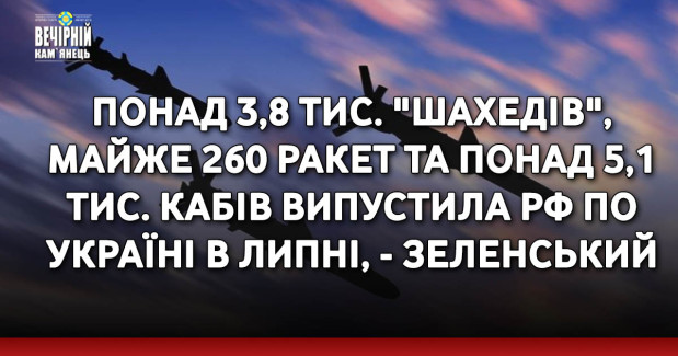 Понад 3,8 тис. "шахедів", майже 260 ракет та понад 5,1 тис. КАБів випустила РФ по Україні в липні, - Зеленський