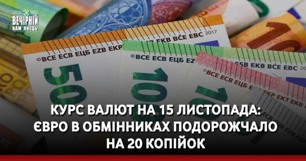 Курс валют на 15 листопада: Євро в обмінниках подорожчало на 20 копійок