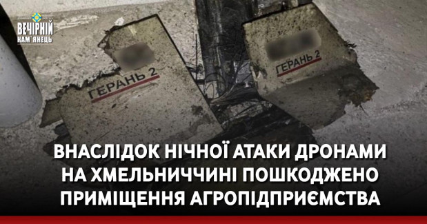 Внаслідок нічної атаки дронами на Хмельниччині пошкоджено агропідприємство