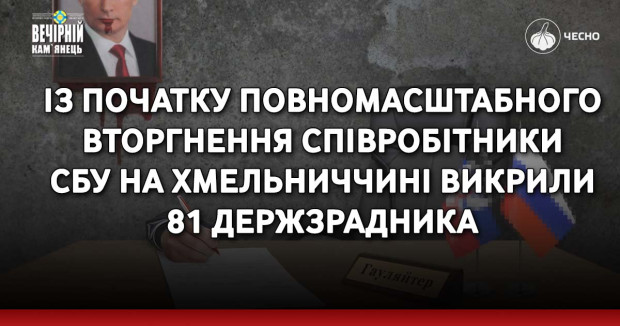 Із початку повномасштабного вторгнення співробітники СБУ на Хмельниччині викрили 81 держзрадника