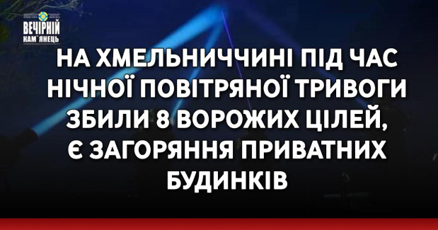 На Хмельниччині під час нічної повітряної тривоги збили 8 ворожих цілей, є загоряння приватних будинків